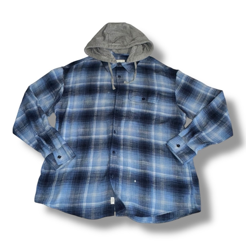 American Eagle Super Soft Flannel Shirt Hoodie Blue Plaid Removable Hood XL - Picture 6 of 16